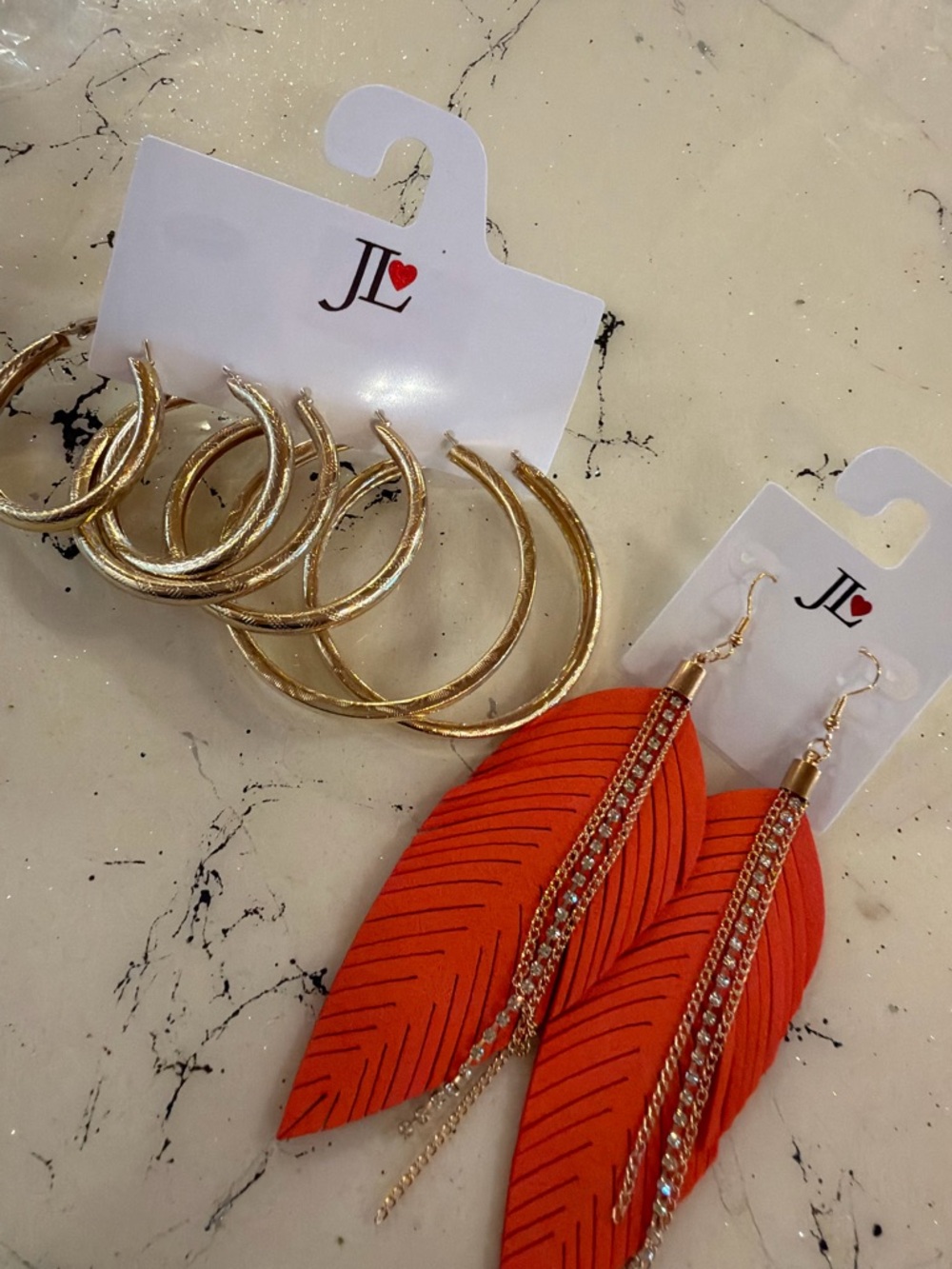 Brand new summer fashion Gold Hoop Set & Orange Feather Drop Earrings